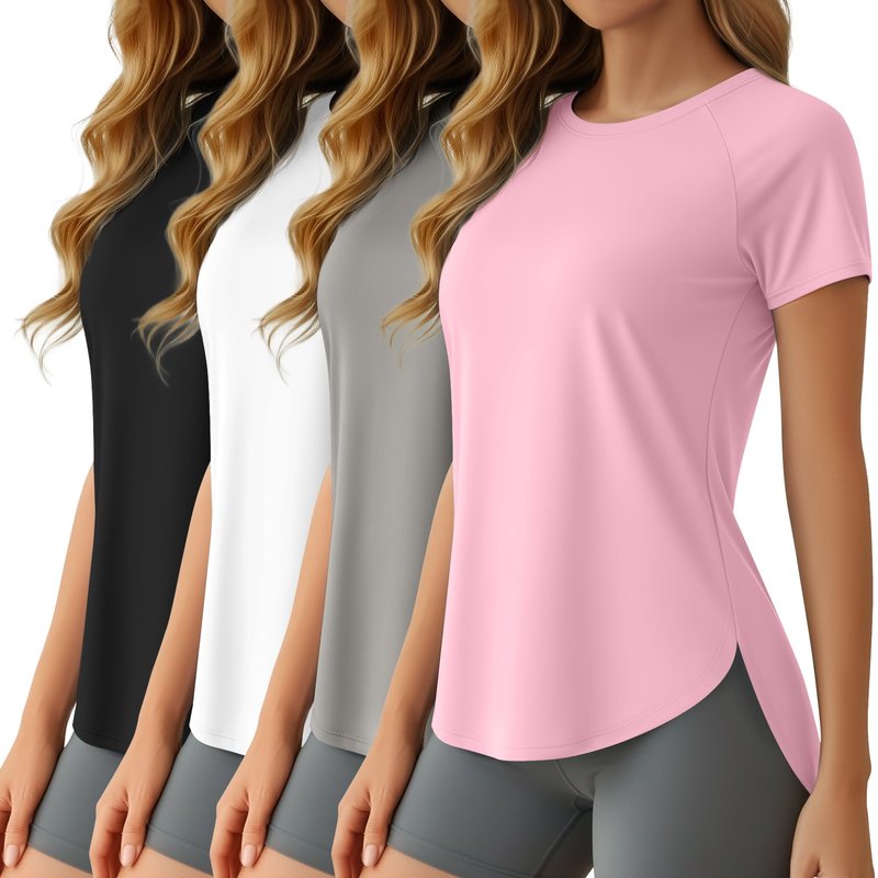 Oakgarden 4 Pack Women's Workout Tops Short Sleeve Shirts UV Protection Quick Dry Side Slits Athletic Outfits for Running(Black, White, Light Gray, Pink,X-Large)
