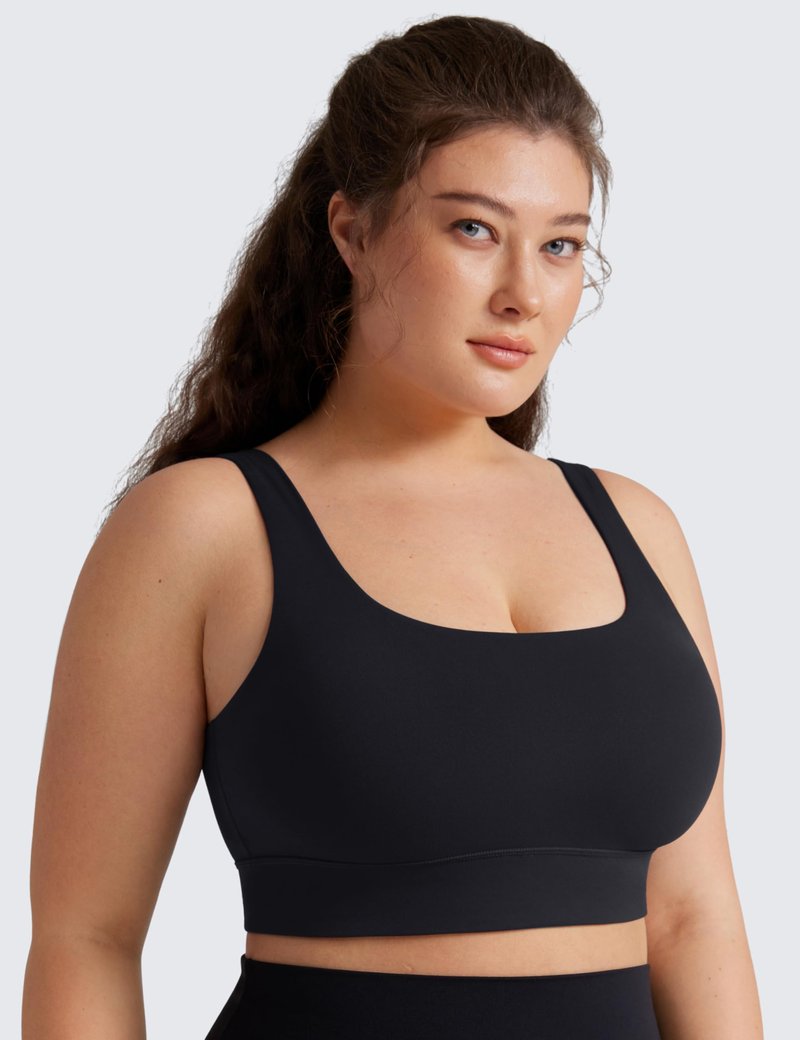 CRZ YOGA Butterluxe Womens U Back Sports Bra - Scoop Neck Padded Low Impact Yoga Clothes Workout Crop Top with Built in Pads Black X-Large