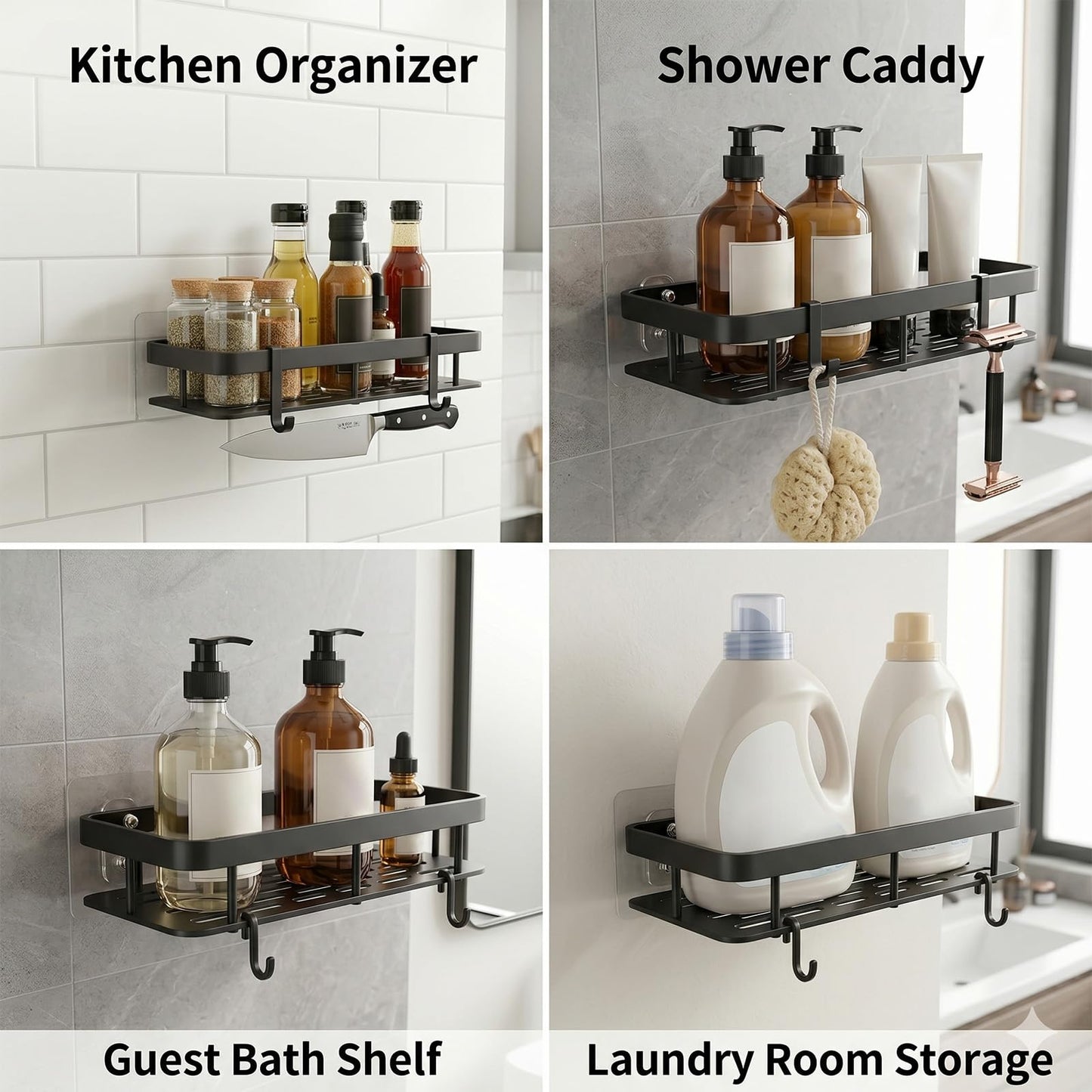 Wall Mounted Shower Caddy Shelf with Hooks, Bathroom Kitchen Organizer Rack for Save Space No Drill Adhesive Storage for Shampoo Conditioner Cosmetics Toiletarticles and Miscellaneous ltems