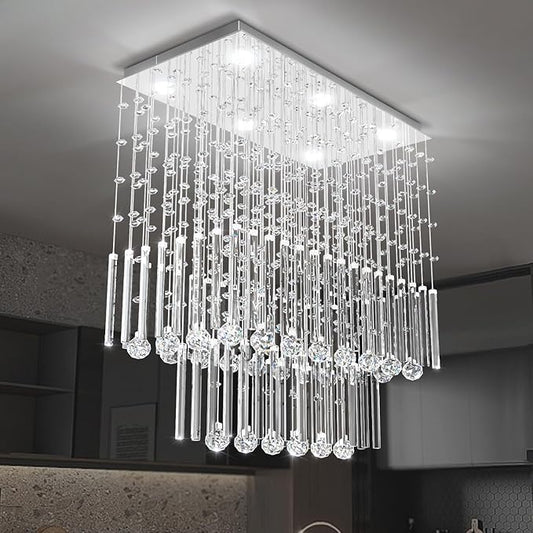 D24''XH28'' Rectangular Crystal Chandelier SilverRectangle Pendant Ceiling Light Fixture Raindrop Chandelier for Dining Room Living Room Kitchen Island Bar