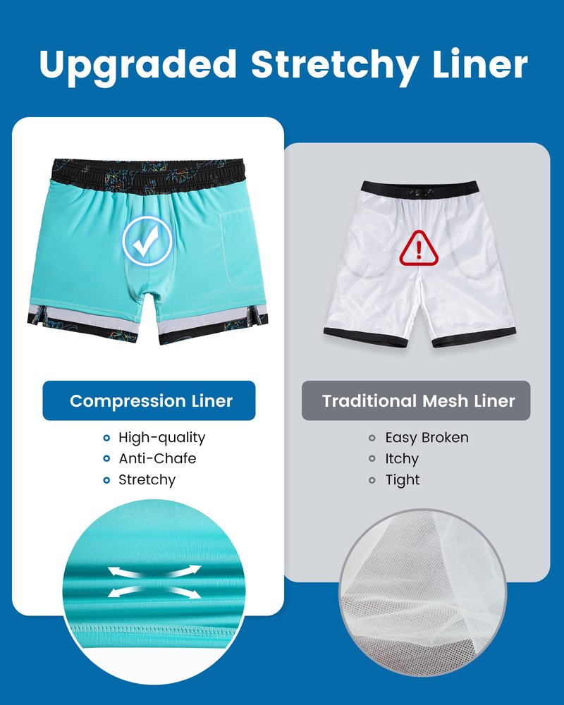 maamgic Mens Swim Trunks with Compression Liner 5 Inch, Quick Dry Bathing Suit with Zipper Pockets, Stretch No-Chafing Swim Shorts, Black-Colorful Dinosaur Small