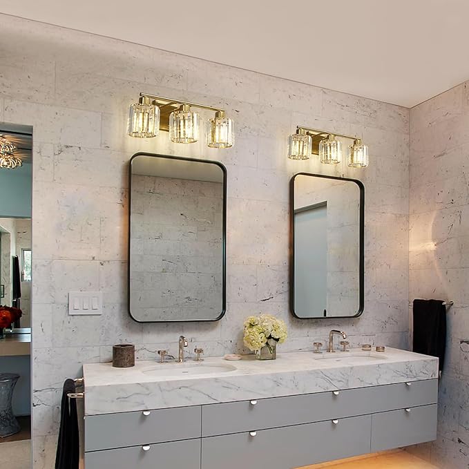 3 Lights Bathroom Vanity Light Fixtures, Modern Crystal Wall Lighting Fixtures, Wall Sconces, Wall Lamp for Over Mirror, for Bedroom Living Room Hallway