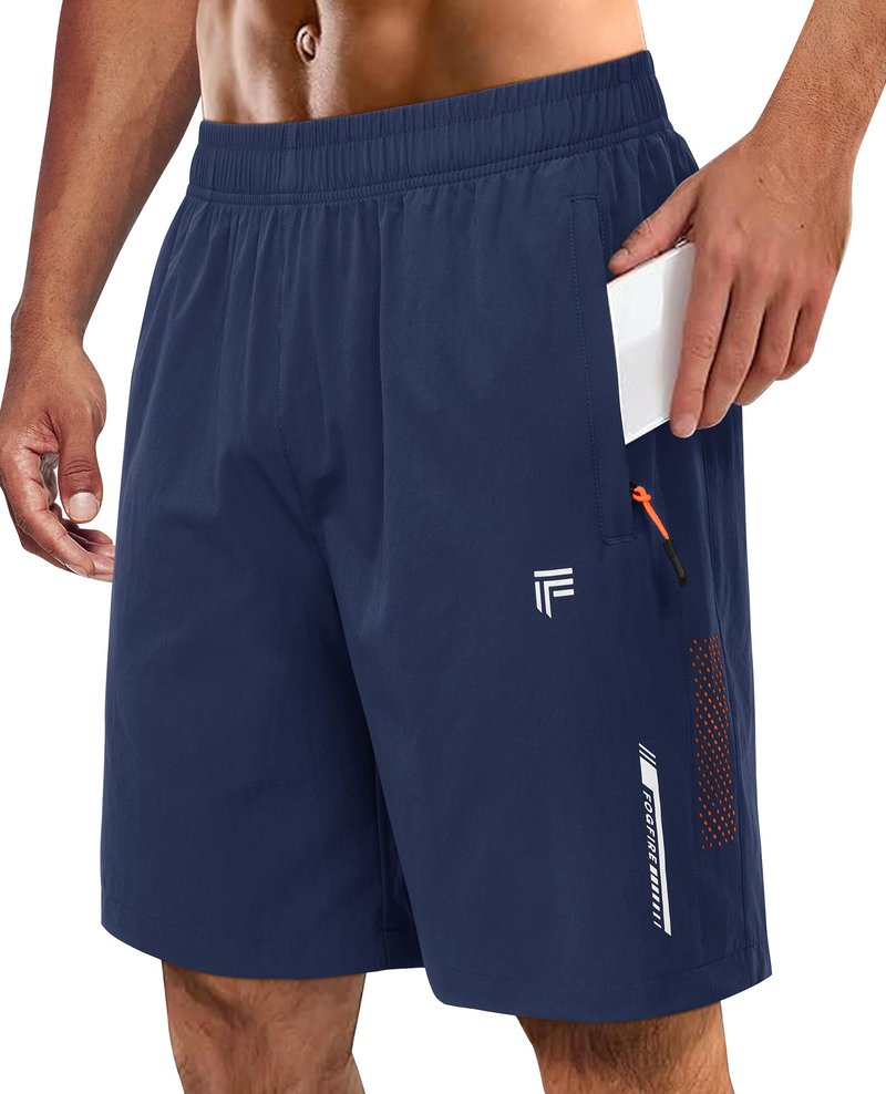FOGFIRE Men's Athletic Running Shorts with Zipper Pockets Quick Dry Drawstring 7" Gym Shorts for Basketball Workout Jogging-Navy