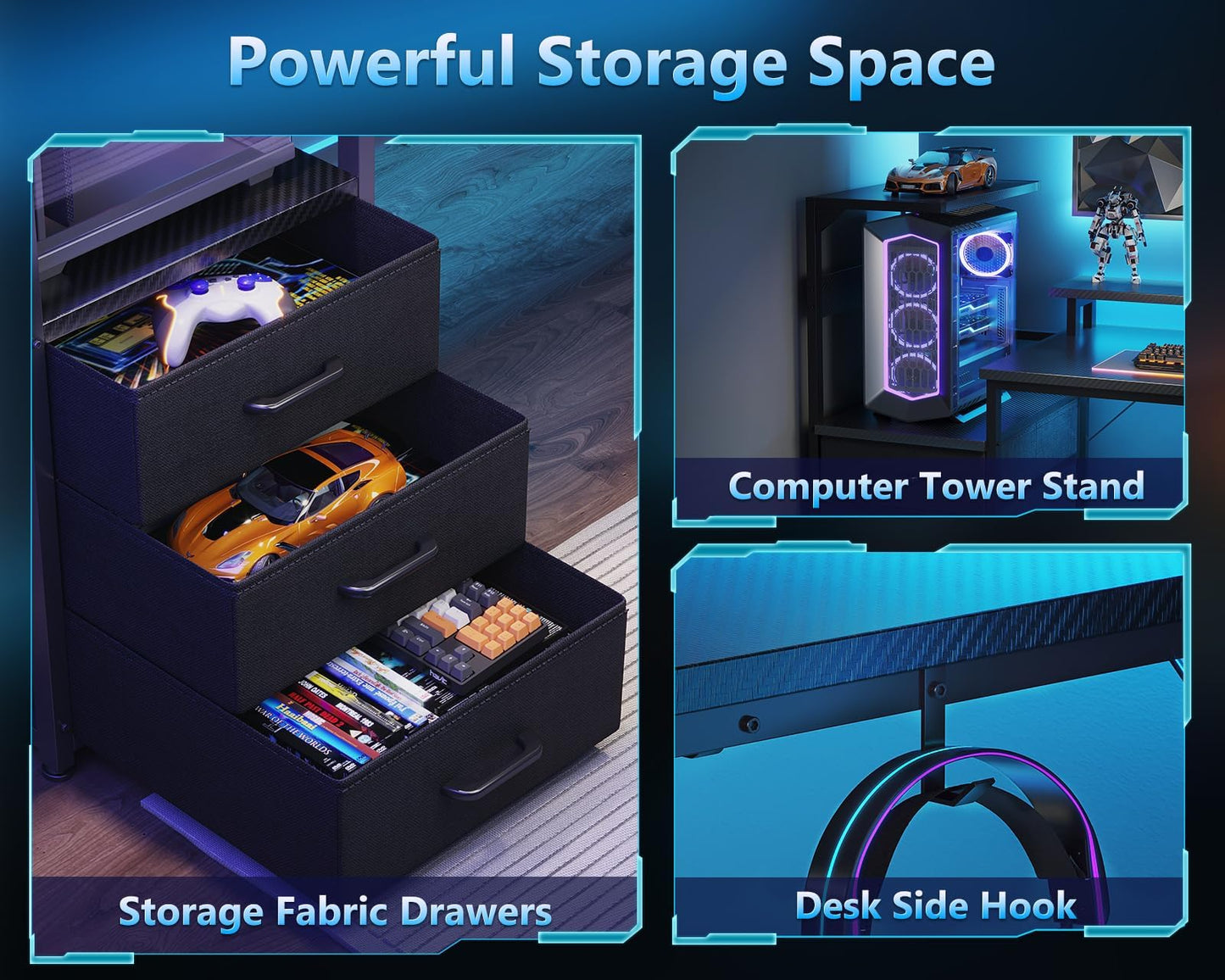 AODK 59 Inch Gaming Desk with USB Charging Ports & LED Light- Reversible Computer Desk with Storage Shelves & Monitor Stand, Modern Gamer Desk Table with Fabric Drawers & Side Hook, Carbon Fiber Black