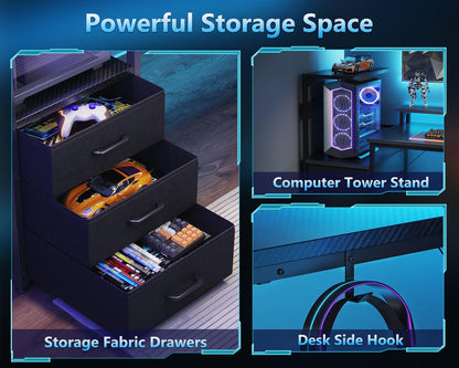 AODK 59 Inch Gaming Desk with USB Charging Ports & LED Light- Reversible Computer Desk with Storage Shelves & Monitor Stand, Modern Gamer Desk Table with Fabric Drawers & Side Hook, Carbon Fiber Black