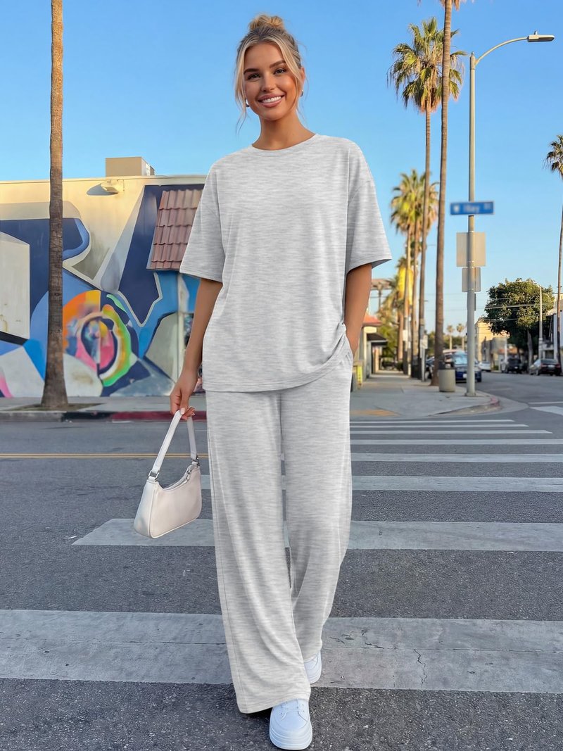 Trendy Queen Women 2 Piece Matching Summer Lounge Sets Clothing Spring Loose Fit Short Sleeve Shirts & Pants Loungewear 2026 Travel Airport Outfit Cruise Resort Beach Vacation Clothes