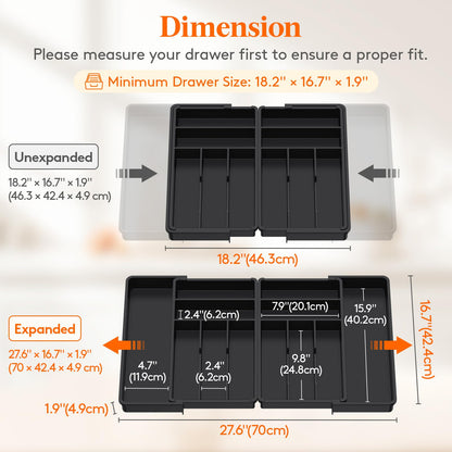Lifewit Large Silverware Drawer Organizer, Expandable From 21 to 36 Inches, BPA Free Plastic Utensil Tray for Kitchen, Adjustable Flatware and Cutlery Holder for Spoons Forks Knives, Black