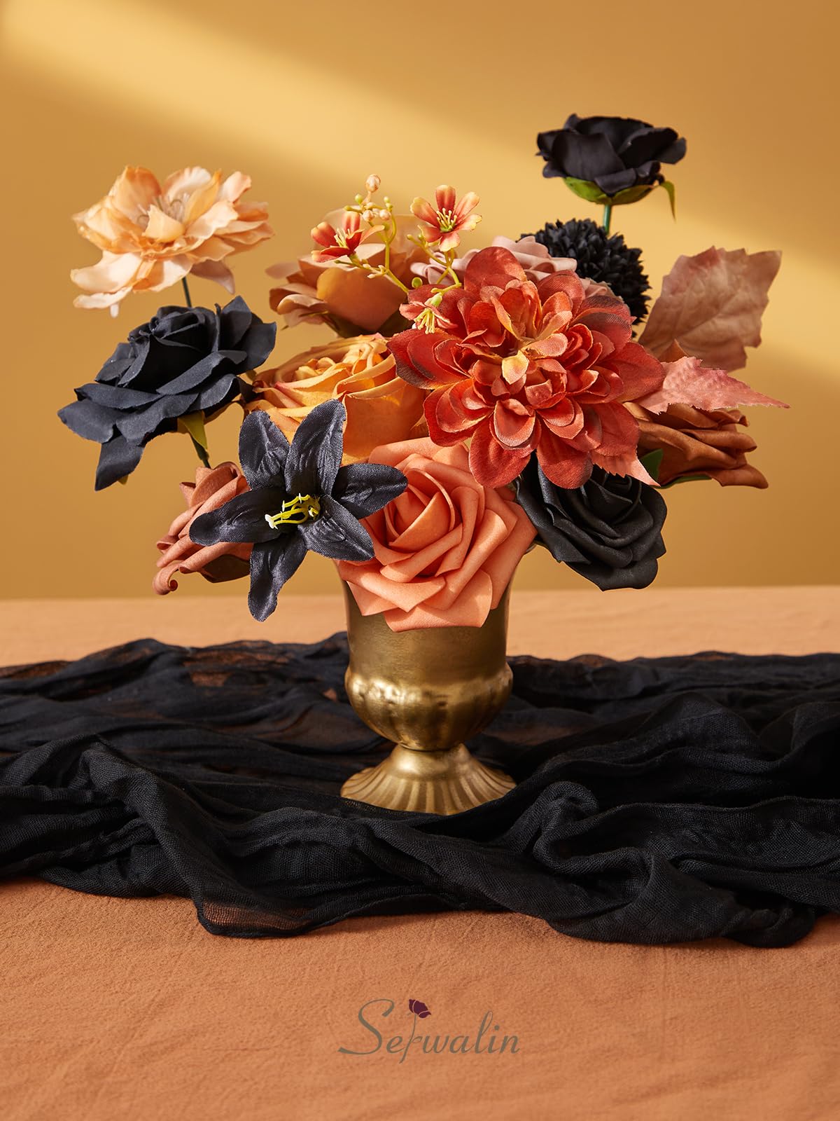 Serwalin Fall Flowers Combo - Black & Orange Artificial Wedding & Halloween Flowers for DIY Bridal Bouquets, Centerpieces & Home Decoration