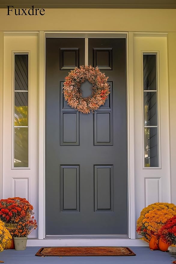 Eucalyptus Fall Wreaths for Front Door 15", Handmade Fall Leaves Wreath for Autumn, Floral Farmhouse Wreath for Wall and Outside Indoors
