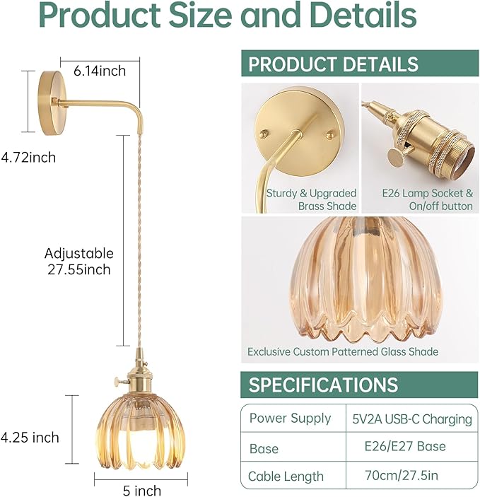 Battery Operated Wall Sconce with Amber Tulip Shade Pattern Glass Adjustable Chain Retro Gold Wall Mounted Light, Modern Wall Lamp Fixtures Decor for Bedside Bedroom Indoor Doorway