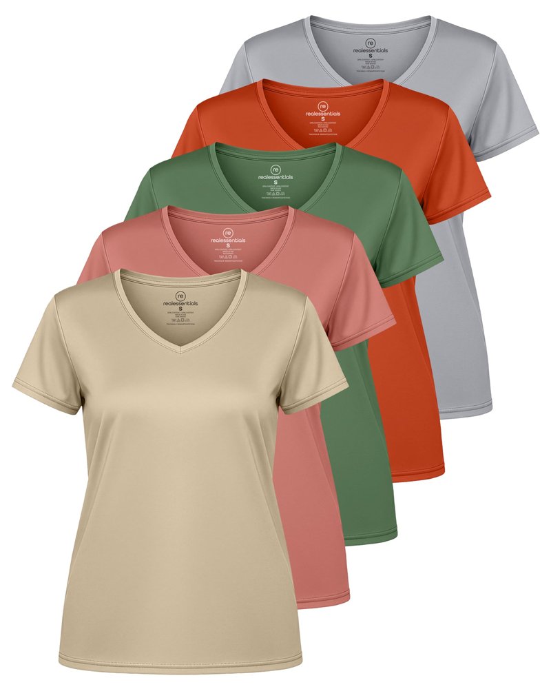 Real Essentials 5 Pack: Women's Dry-Fit Short Sleeve V Neck T Shirt Workout Fitness Yoga Top Tee, Set 12, S