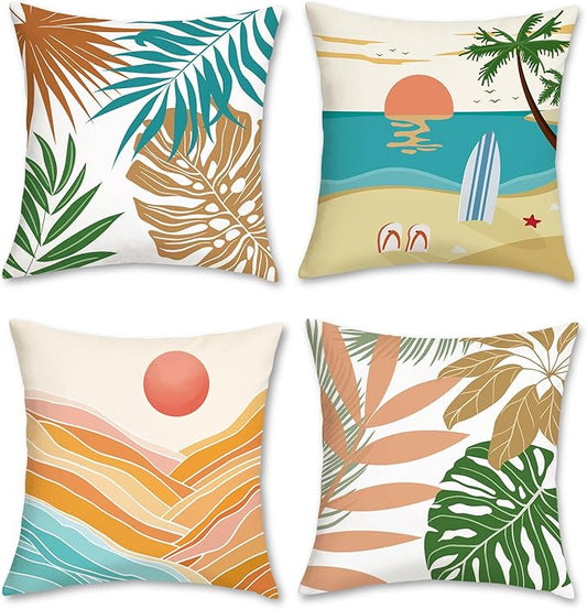 Bonhause Tropical Beach Outdoor Pillow Covers 18x18 Inch Set of 4 Summer Palm Hawaii Decorative Pillowcase Soft Velvet Cushion Covers for Couch Sofa Garden Yard Home Decor