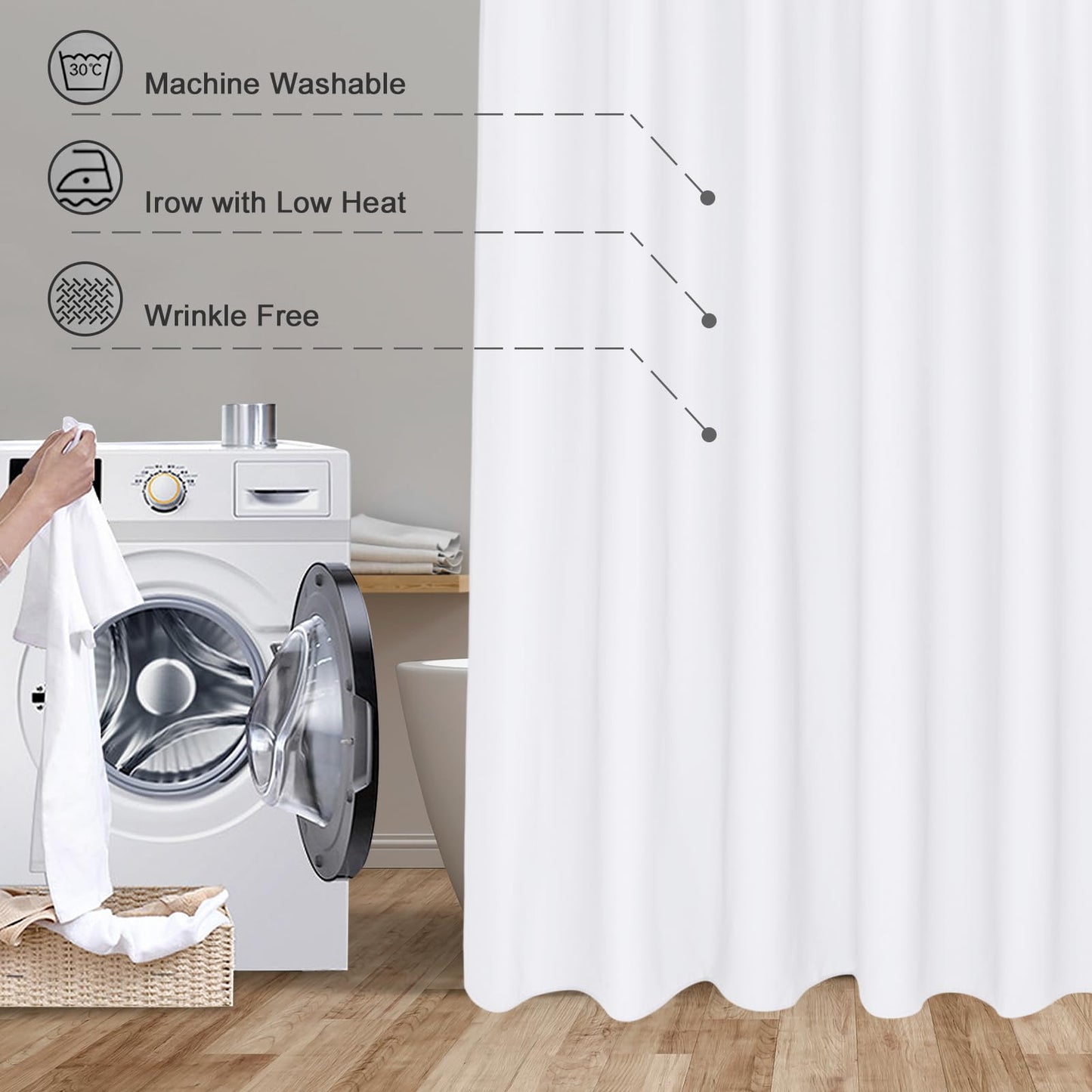 White Shower Curtain,Mould Proof and Mildew Resistant Extra Long Shower Curtain Liner 180 x 200cm Drop,100% Polyester Machine Washable Waterproof Fabric Bathroom Shower Curtain