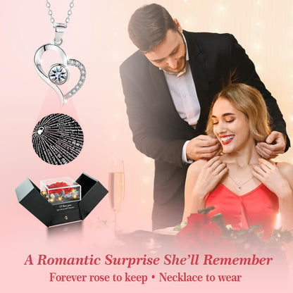 cdco Valentines Day Gifts for Her Women Girlfriend Wife Fiancée - Preserved Real Rose with Heart Necklace “I Love You” in 100 Languages, Valentine's Forever Flowers