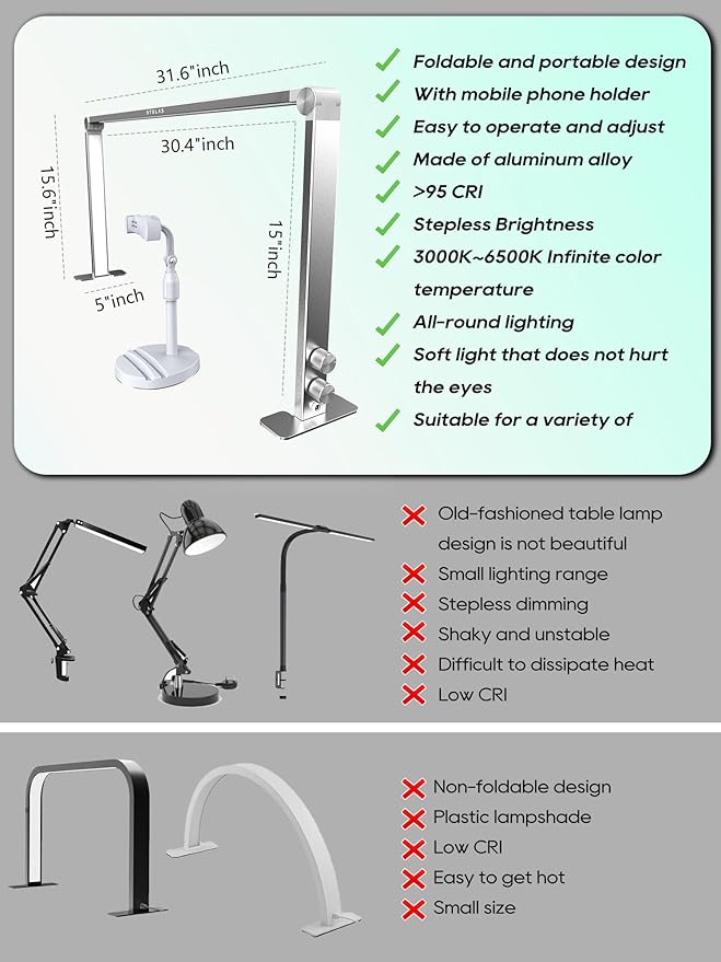 STOLAS Nail Tech Lamp for Desk, 4000K-6000K Dimmable LED Manicure Lamp, Desk Light for Nail Tech-Silver