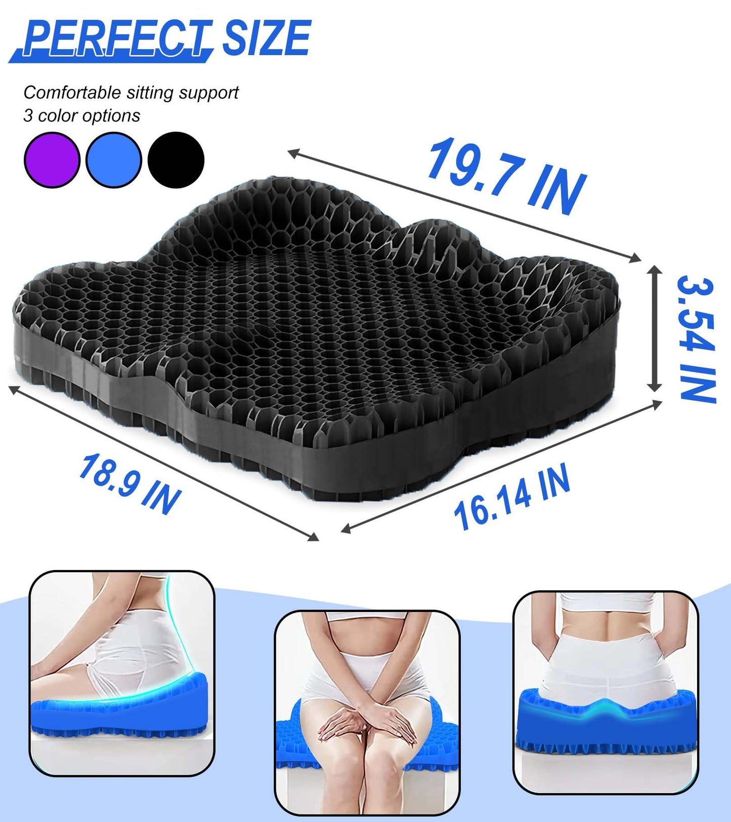 Airllantry Thicken 19.7in Seat Cushion, Gel Seat Cushion for Long Sitting–Office Chair, Wheelchair, Car Cushion, Large Cooling Pad for Back Pain, Sciatica, Tailbone Pain Relief