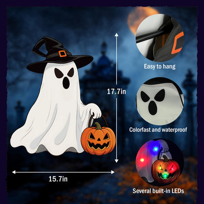 GOAUS Halloween LED Garden Flag Light Up Solar Powered, Ghost Decorations Outdoor, Double Sided Oxford Decorative Flag for Lawn Yard Outside Decor, 12x18 Inches