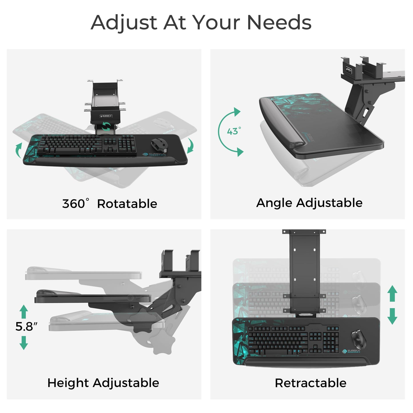 EUREKA ERGONOMIC Height Adjustable Mouse & Keyboard Tray Under Desk, 28x10'' Large Slide Out Swivel Tilt Computer Keyboard Drawer with Mouse Pad for Gaming Home Office Desk, Dual Mount