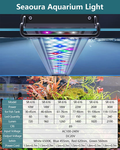 SEAOURA Led Aquarium Light for Plants-Full Spectrum Fish Tank Light with Timer Auto On/Off, Adjustable Brightness, White Blue Red Green Pink LEDs with Extendable Brackets for Freshwater (30-45cm)