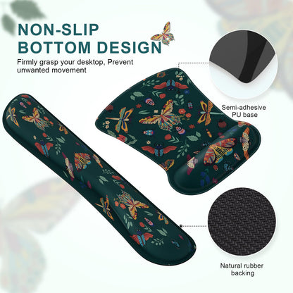 iCasso Ergonomic Mouse Pad with Wrist Rest, Keyboard Wrist Rest Mouse Wrist Rest, Made of Memory Foam, Easy Typing and Relieve Wrist Pain for Computer Keyboard Office(Green Butterfly)