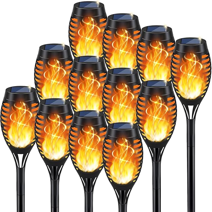 KYEKIO Solar Torch Light with Flickering Flame, 12Pack Solar Lights Outdoor, Waterproof Halloween Lights for Yard Garden, Luces Solares para Exteriores, Torches Lighting for Outside Patio Decorations