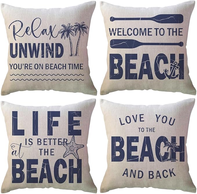 ULOVE LOVE YOURSELF Coastal Beach Throw Cushion Covers Double-Sided Tropical Palm Paddles Anchor Starfish Summer Beach House Decorative Pillowcase 18 x 18 Inch 4Pack Porch Patio Decor (Blue)