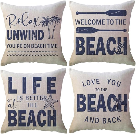 ULOVE LOVE YOURSELF Coastal Beach Throw Cushion Covers Double-Sided Tropical Palm Paddles Anchor Starfish Summer Beach House Decorative Pillowcase 18 x 18 Inch 4Pack Porch Patio Decor (Blue)