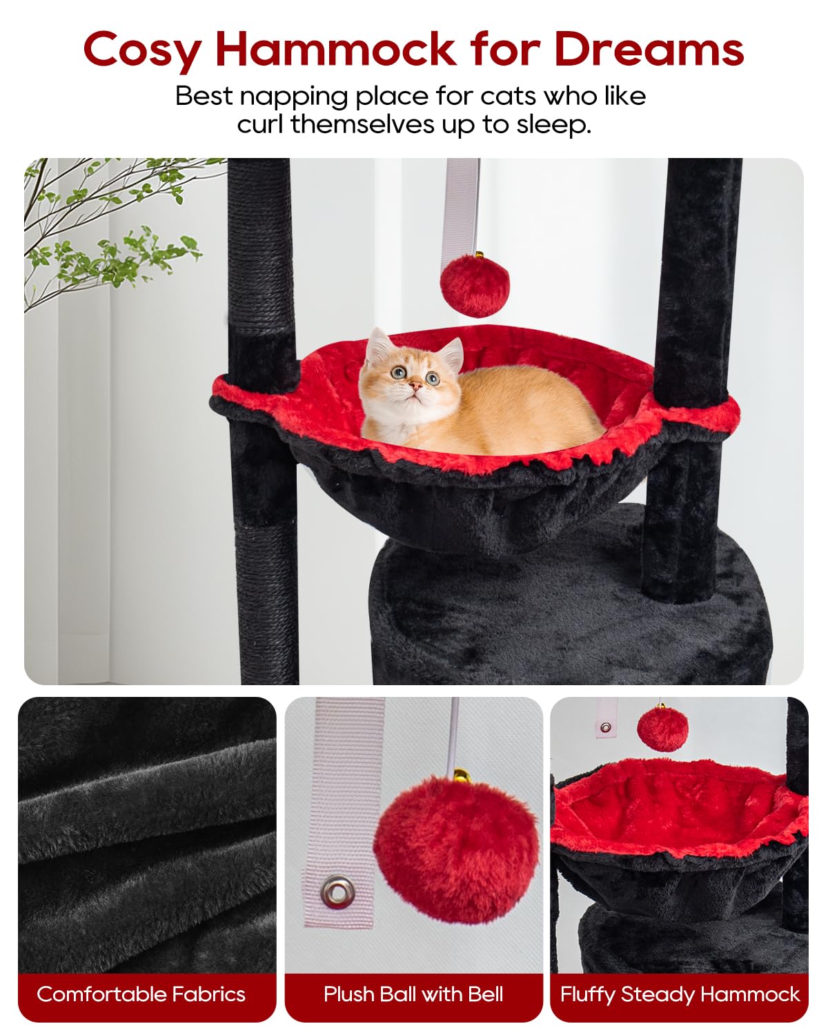 SYANDLVY Gothic Cat Tree with Coffin Bed for Indoor Cats, Small Cat Tower with Scratching Post, Modern Activity House Condo with Cradle, Kittens Cave, Black & Red