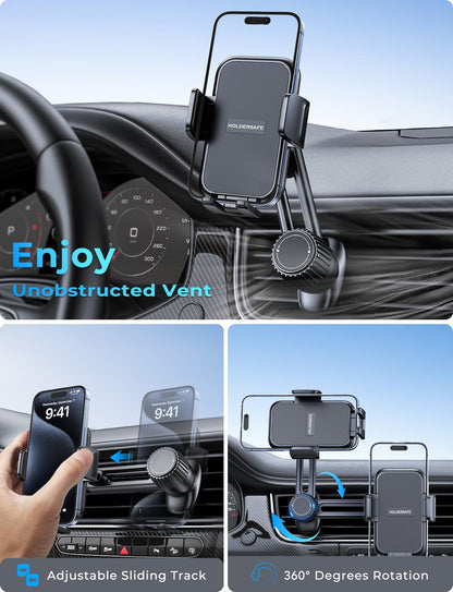Phone Holder for Car Vent: [Never Blocking] Air Vent Cell Phones Mount, Quick Release Car Phone Mount with Stable Hook Clip, 360° Rotation Mobile Phone Automobile Cradle for iPhone Samsung Huawei etc