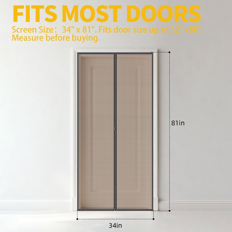 Magnetic Screen Door – 34" x 81" with Strong Magnets, Self Sealing Hands Free Mesh Curtain for Interior Door, Fits 32" x 80" Standard US Door, Keep Bugs Out, Pet and Kid Friendly, Easy Install, Black