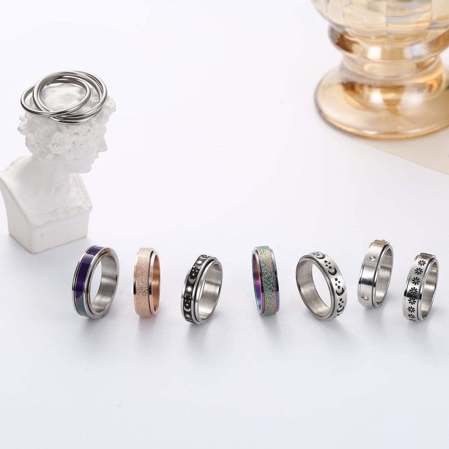 ADRAMATA 8Pcs Spinner Rings for Anxiety Relief Stainless Steel Rings for Women Men Anti Stress Band Rings Set Fidget Rings for Anxiety