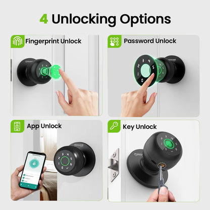 GHome Smart 4-in-1 Smart Door Knob Fingerprint Door Lock with Keypad, Biometric & App Control, Keyless Entry for Room, Garage, Office, Apartment, Local Data Storage