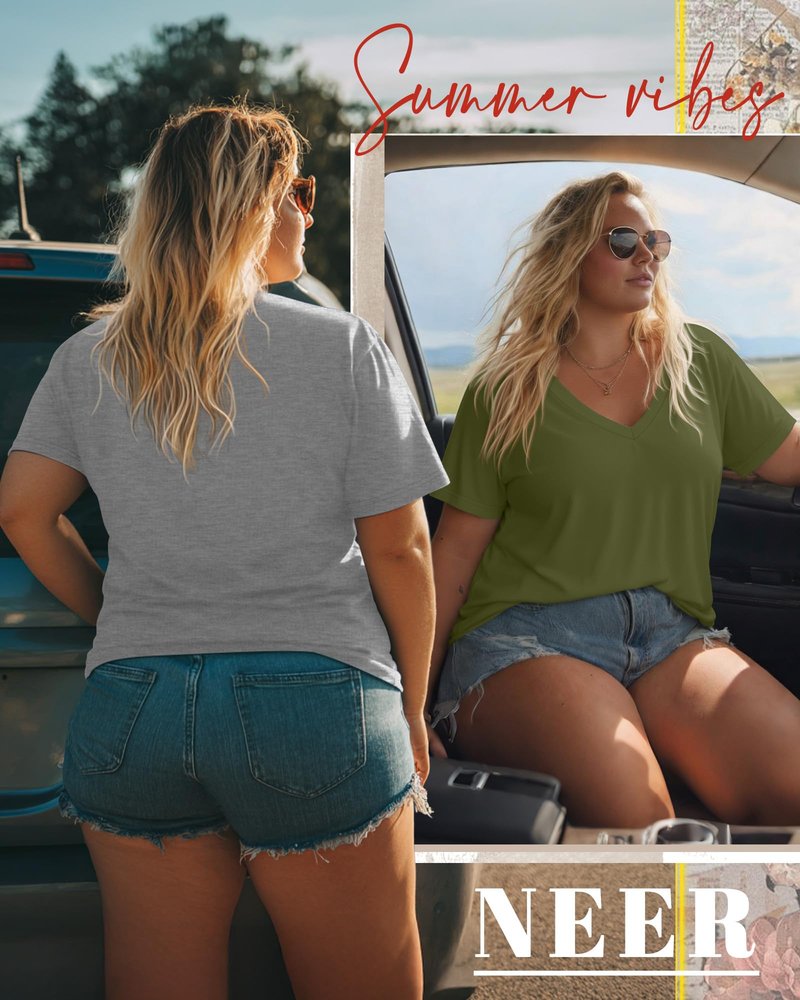 Neer 3 Pack Women's Plus Size T Shirts Short Sleeve V Neck Tops Solid Flat Hem Basic Loose Causal Tees(Black, Light Gray, Army Green,X-Large)