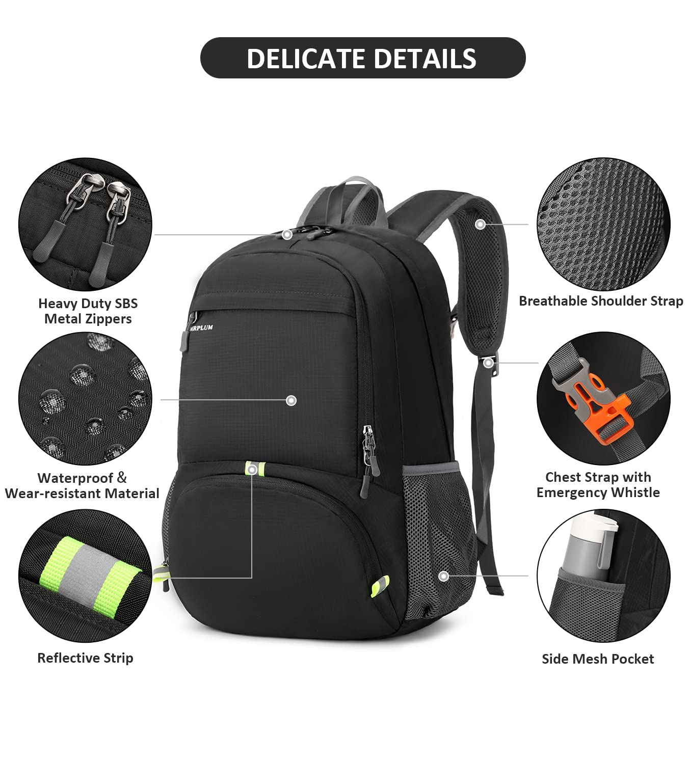 MRPLUM 30L Rucksack Foldable Ultralight Packable Backpack,Unisex Durable Handy Daypack for Travel & Outdoor Sports Durable&Waterproof (Black)