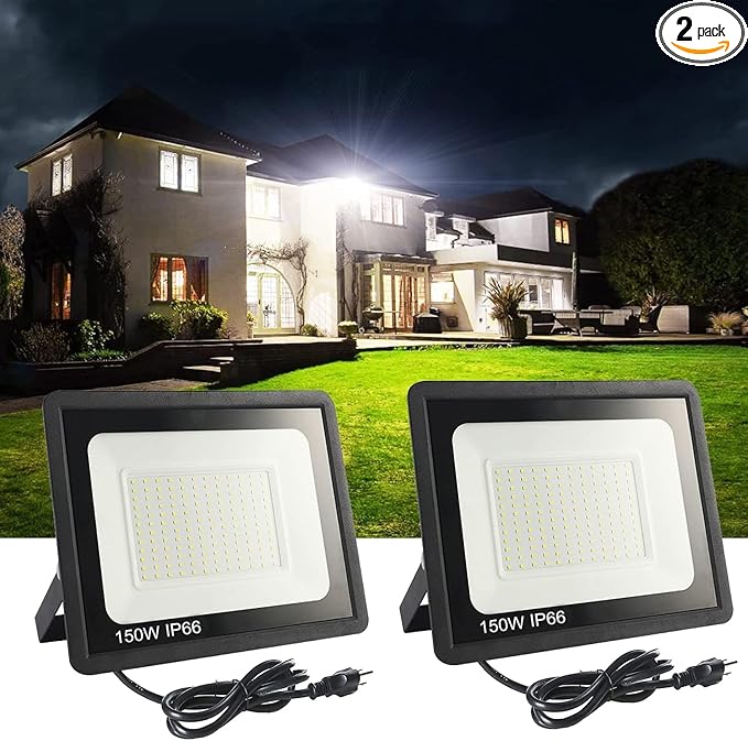 2Pack LED Flood Light Outdoor,150W LED Work Light 15500lmwith 6FT US Plug,IP66 Waterproof Exterior Security Lights,6000K Daylight White Outside Floodlights Slim Design for Playground Yard…