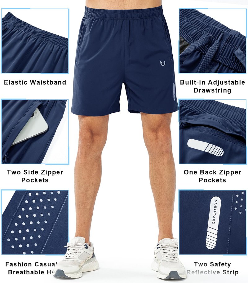 NORTHYARD Men's Athletic Running Shorts Gym Workout 7"/9"/5" Quick Dry Lightweight Sports Basketball Tennis 3 Zipper Pockets DARKBLUE-5inch 4XL
