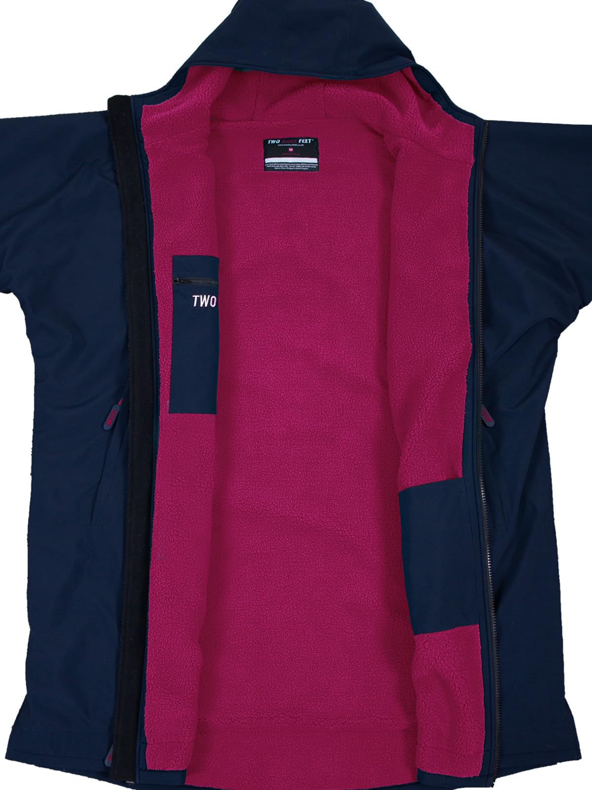 Two Bare Feet Waterproof Long Sleeve Changing Robe with Hood & Changing Mat, Sherpa Fleece Lining, Windproof, Warm, for Watersports, Swimming, Surfing, SUP (Small, Navy/Raspberry)