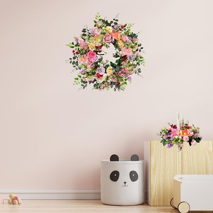 24 Inch Spring Summer Wreath for Front Door Outside Artificial Peonies Rose Flowers Morning Glory Mixed Flowers for Outdoor Front Door Indoor Wedding Wall Window Décor All Season