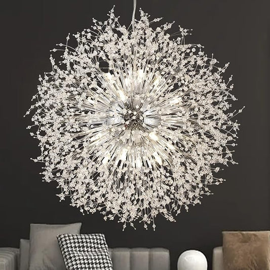 Large Fireworks Crystal Chandeliers, 24-Light Chrome Dandelion Pendant Chandelier, 120W Modern Sputnik Crystal Chandelier Lighting for Living Room Entryway