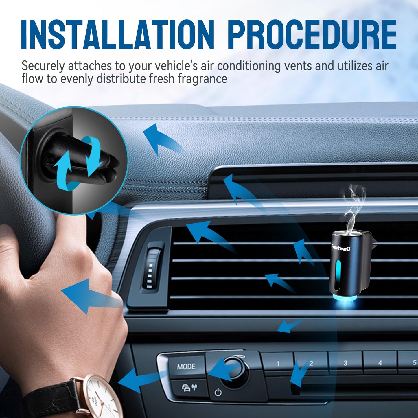 Featwell Car Air Freshener, Three Adjustable Modes Intelligent Car Aroma Diffuser, Rechargeable Car Aroma Diffuser, Black