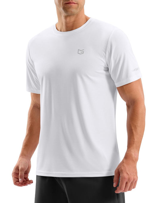 Men's Workout Breathable T-Shirts Dry Fit UPF 50+ Sun Shirts Moisture Wicking Cooling Tee for Athletic, Running, Hiking (White, L)