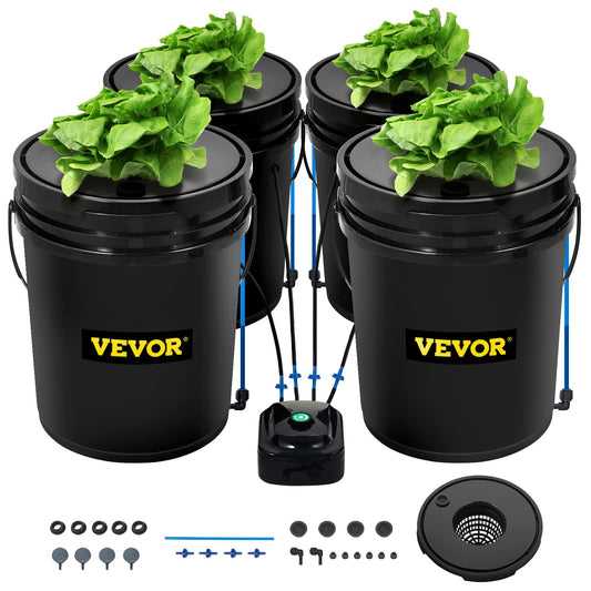 VEVOR DWC Hydroponic System, 5 Gallon 4 Buckets, Deep Water Culture Growing Bucket, Hydroponics Grow Kit with Pump, Air Stone and Water Level Device, for Indoor/Outdoor Leafy Vegetables