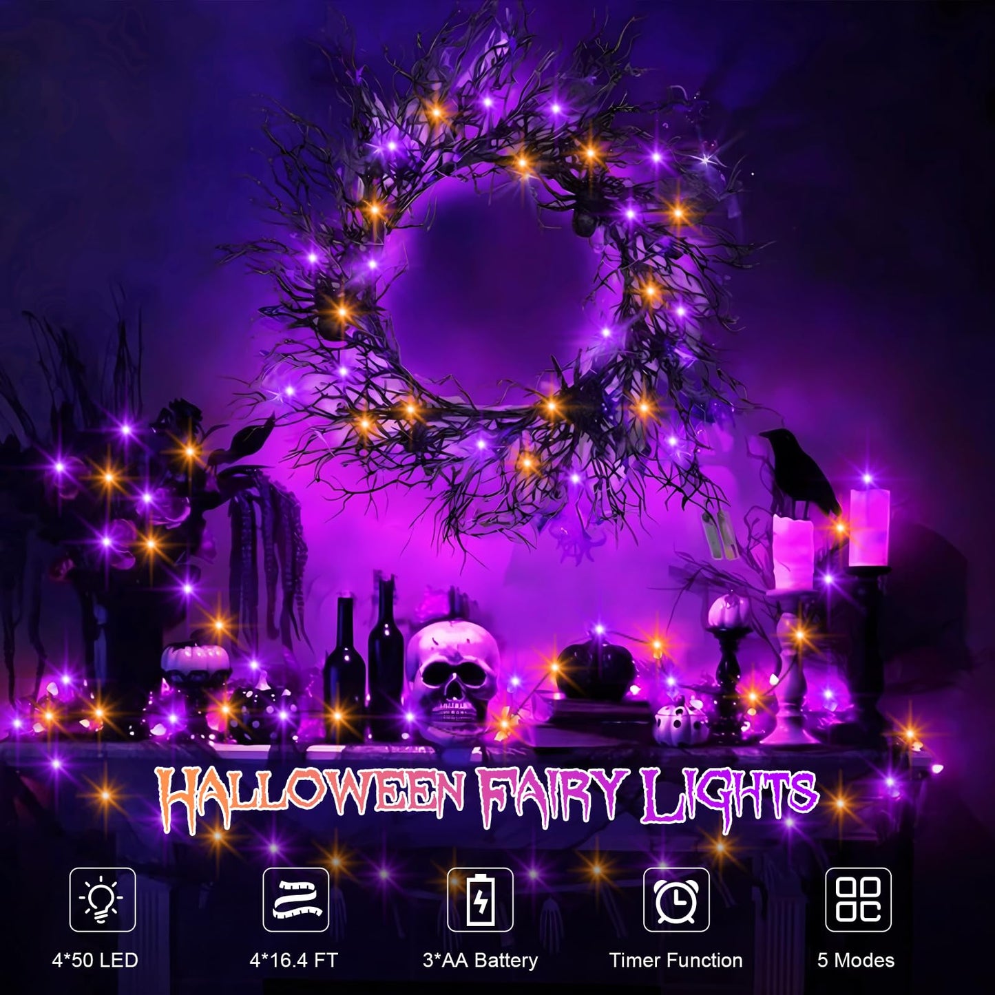 Purple Orange Halloween Timer Fairy Lights Battery Operated 4 Pack 16.4Ft 50 LED Black Wire Twinkle Lights with Timer 5 Modes for Halloween Indoor Outdoor Party Decoration