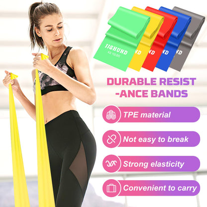 Resistance Band Set, 1.8 M Exercise Bands with 5 Resistance Levels, Long Stretch Bands for Men & Women, Workout Resistance Bands for Yoga Gym Pilates Fitness Strength Training Muscle Building