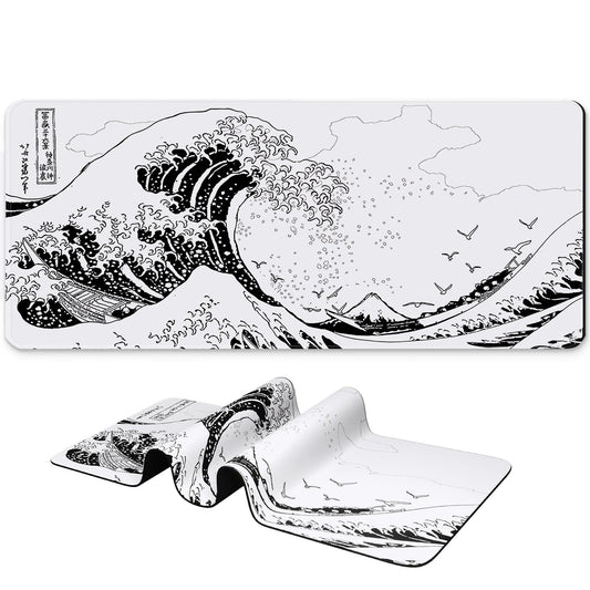 BLITZPAW Long Gaming Mouse Pad 31.5 x 11.8 inches, Extended Anime Mousepad, Large Mouse Mat with Non-Slip Base, Full Keyboard Mat with Stitched Edges for Gaming and Office (Grey White Wave)