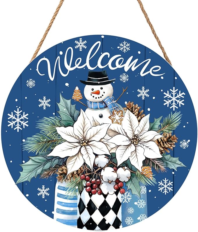 Welcome Winter Blue Poinsettia Front Door Sign Winter Snowman Wood Door Hanger Outdoor Outside Porch Decor Blue Christmas Snowflake Holiday Wreath Wall Hanging Welcome Sign for Home Front Porch 12in