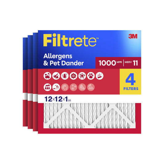 Filtrete 12x12x1 Air Filter, MERV 11, MPR 1000, Allergens & Pet Dander, 3-Month AC and Furnace Filters, Cleaner Air, Reliable Airflow, 4 HVAC Filters (Actual Size 11.68 x 11.68 x 0.81 in)