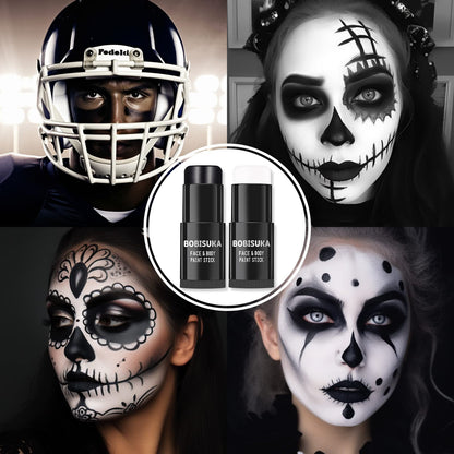 BOBISUKA Black White Face Paint Stick with Setting Powder Set, Eye Black Sticks for Sports, Body Paints for Clown Skeleton Vampire Skull Cosplay Special Effects Costume SFX Halloween Makeup Kit