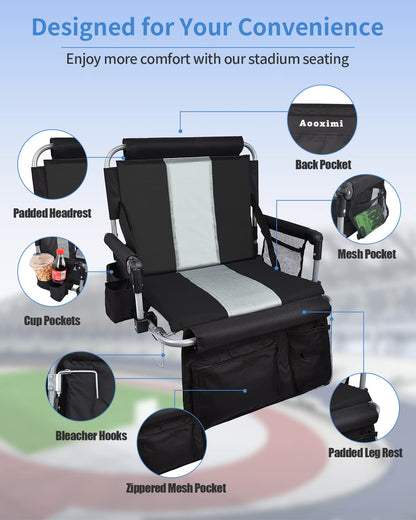 AOOXIMI Stadium Seat with Back Support, Portable Fording Bleacher Chair with Cushion and Armrest, Cup Holder, Mesh Bag and Hidden Hook, Football, Soccer