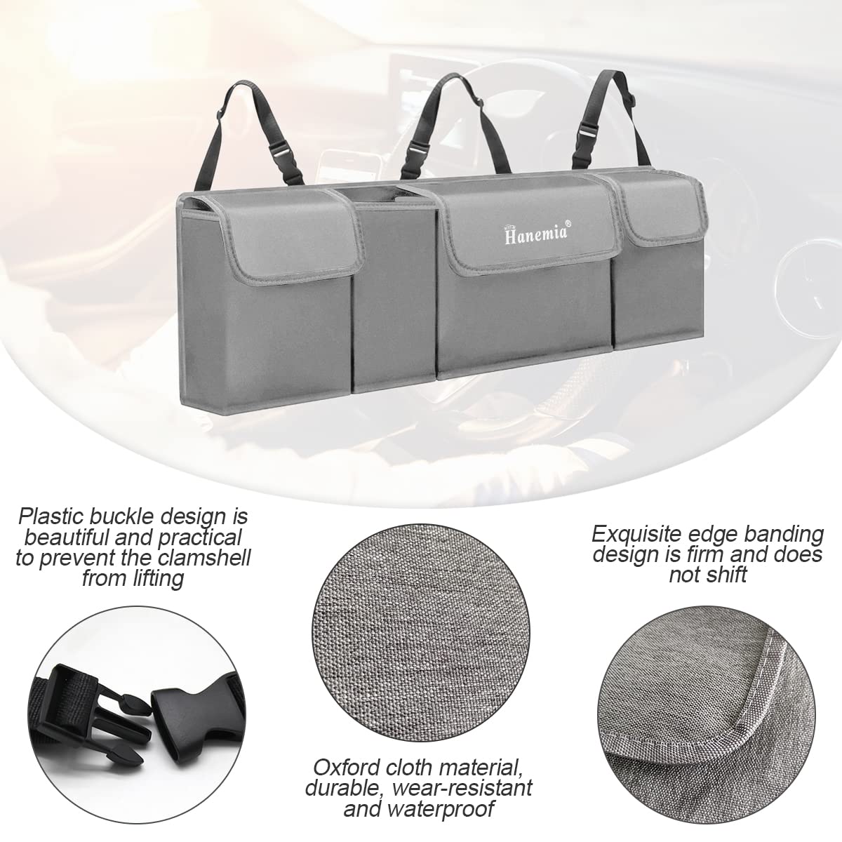 Car Trunk Organizer and Storage, Backseat Hanging Organizer for SUV, Truck, MPV, Waterproof, Collapsible Cargo Storage Bag with 4 Pockets, Car Interior Accessories (Gray)